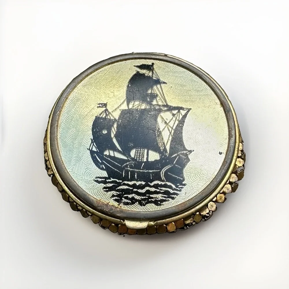 VTG Galleon Ship Powder Compact Gold Tone Guilloché Foil Nautical Vanity Compact